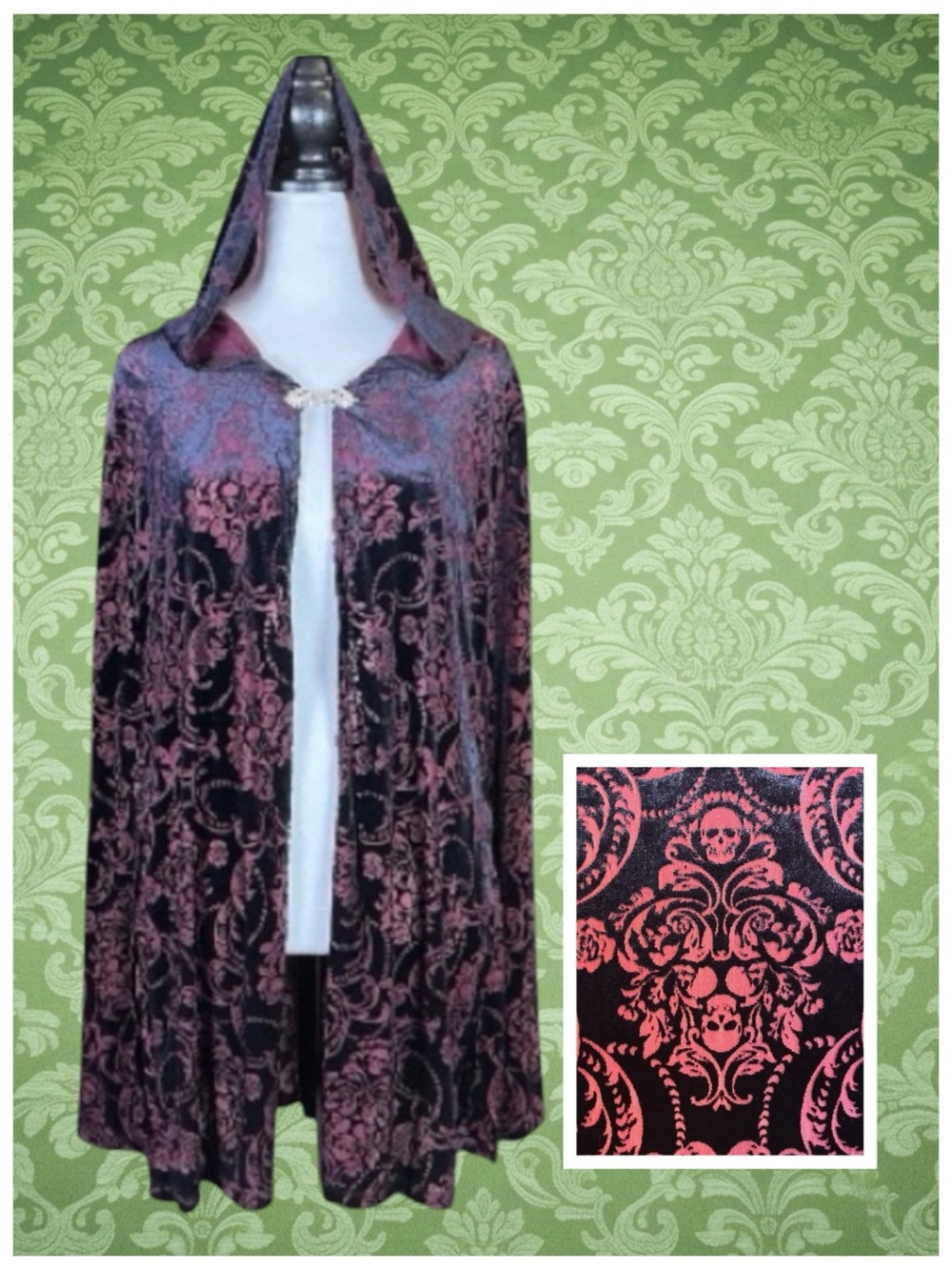 Hot Topic Cosmic Aura Cape Black Red Hooded Burnout Velvet Damask Goth Alt 2X-3X